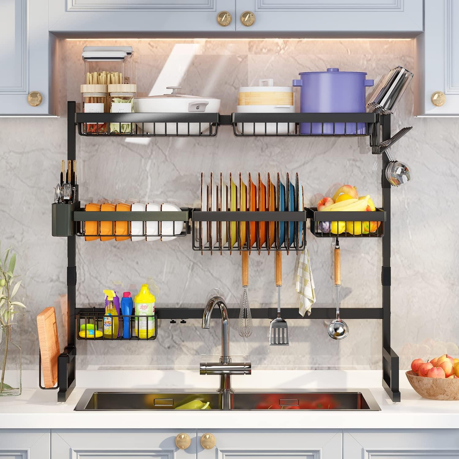 over-the-sink rack holding clean dishes, cleaning supplies, and produce