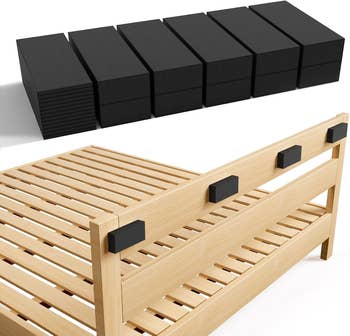 Bed framework with achromatic noise-reducing pads attached. A stack of pads is shown above, suitable for reducing creaking sounds successful furniture