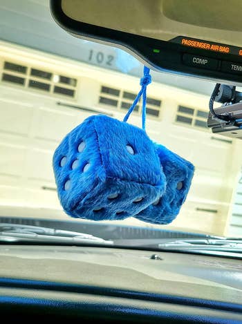 reviewers blue fuzzy dice hanging from their rear view mirror