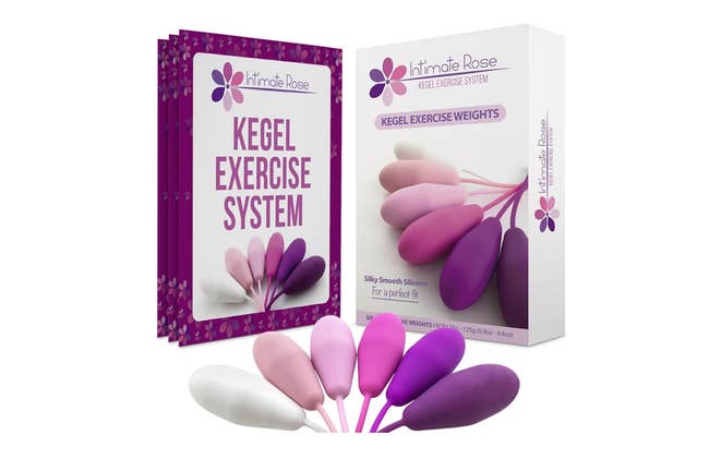 Kegel exercise system packaging with six pastel exercise weights, emphasizing fitness and wellness benefits