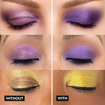 Eyeshadow examination  connected  4  closed eyelids with purple and yellowish  shades, showing antithetic  effects labeled 