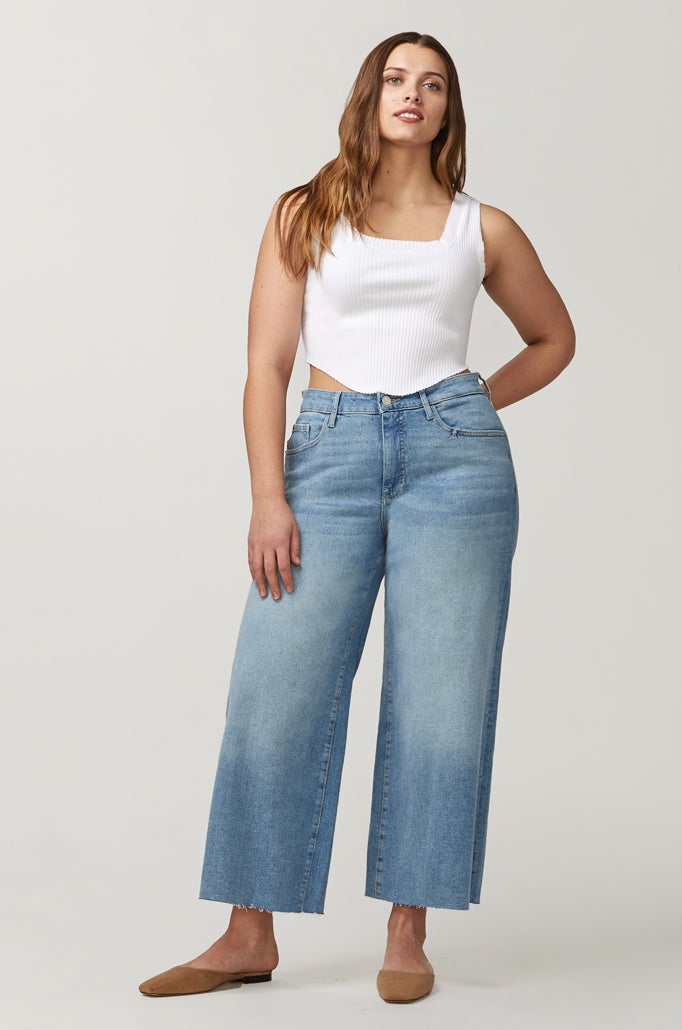 a model wearing wide leg blue jeans
