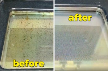 before and after of the oven door; left is dirty, right is clean