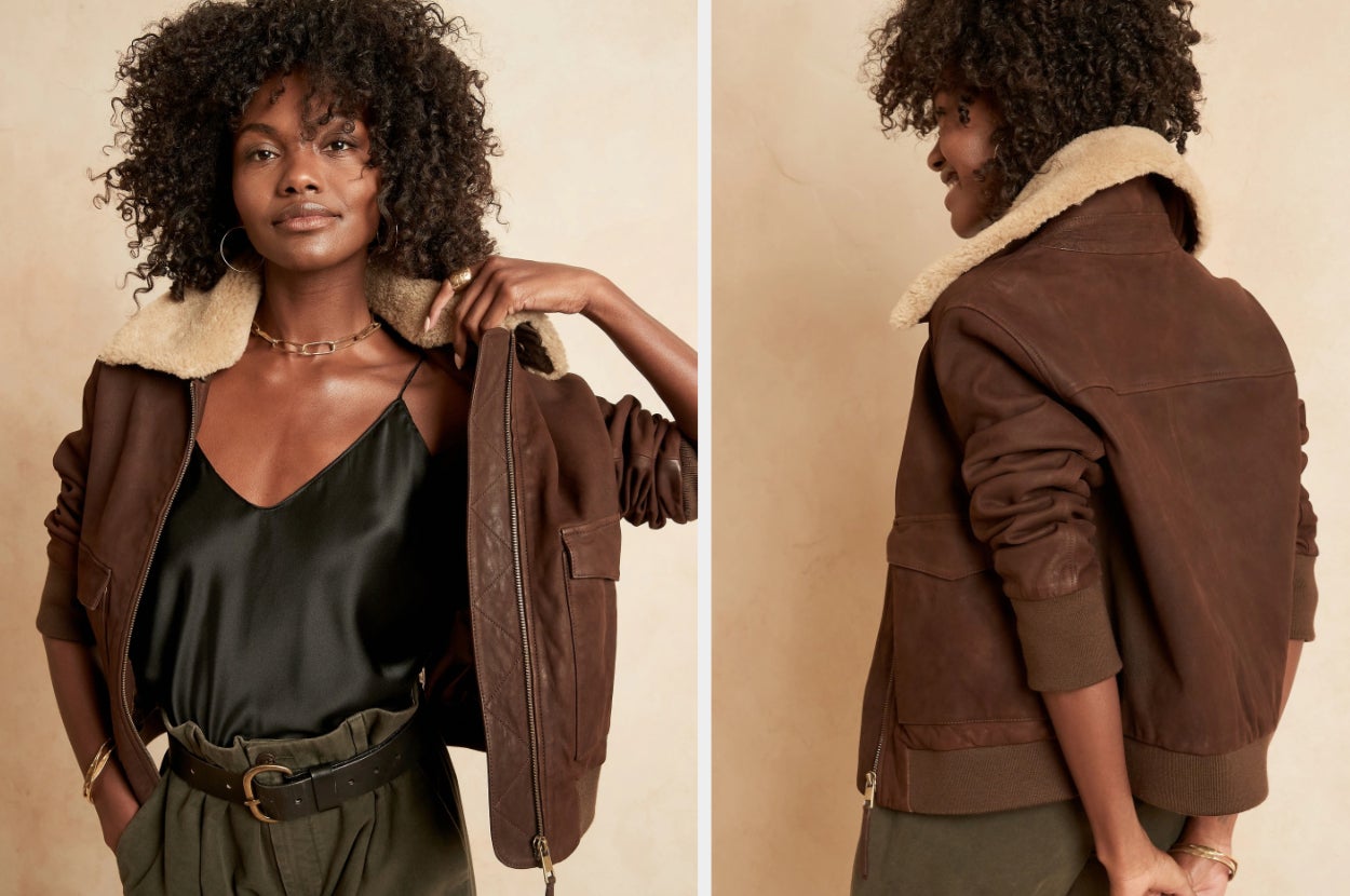 Two images of a model wearing the brown leather jacket