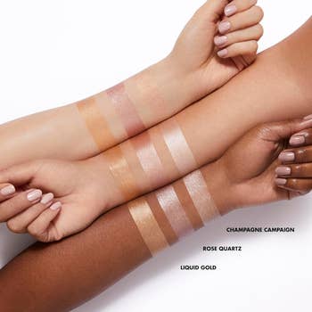 the three shades swatched on arms with different skin tones