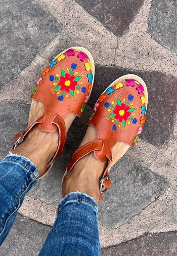 top down view of model wearing the colorful huaraches