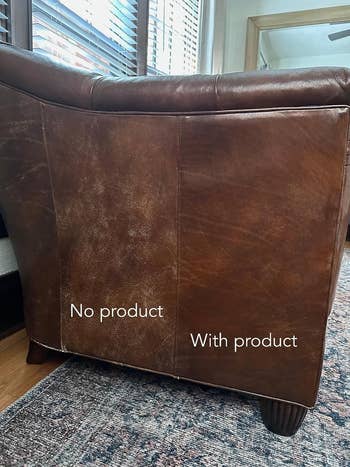 reviewer pic showing a side by side of the product used on an area of the couch, making it look new and shiny