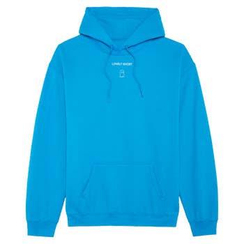 a vibrant blue hoodie that says 