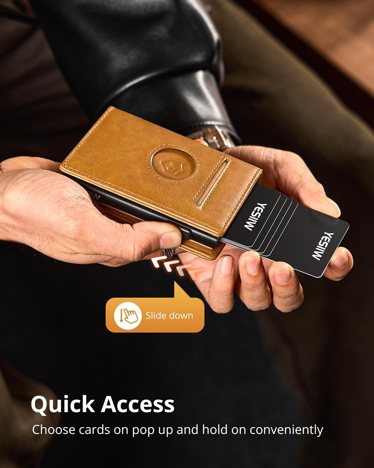 A person holding a leather cardholder with cards sliding out. Text: 