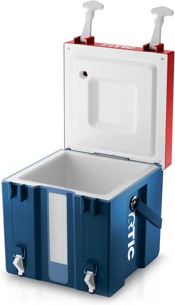 Portable cooler with open lid, showcasing storage space. Ideal for outdoor activities