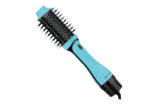 Electric hairbrush with bristles and a power cord, designed for styling and drying hair