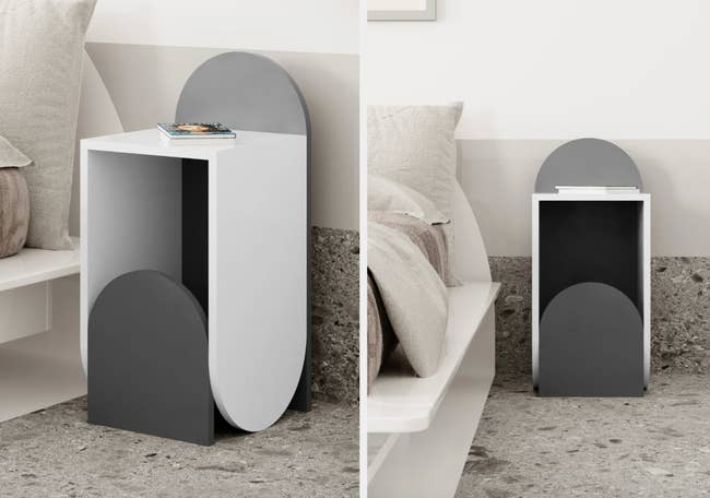 collage, front and side view of retro black and white nightstand