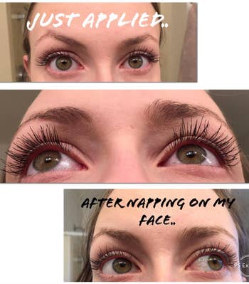 reviewer photos of their lashes with the mascara just applied, and after napping with the mascara still intact