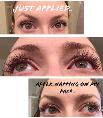 reviewer photos of their lashes with the mascara just applied, and after napping with the mascara still intact