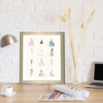 A framed print with 12 illustrations of Barbies 
