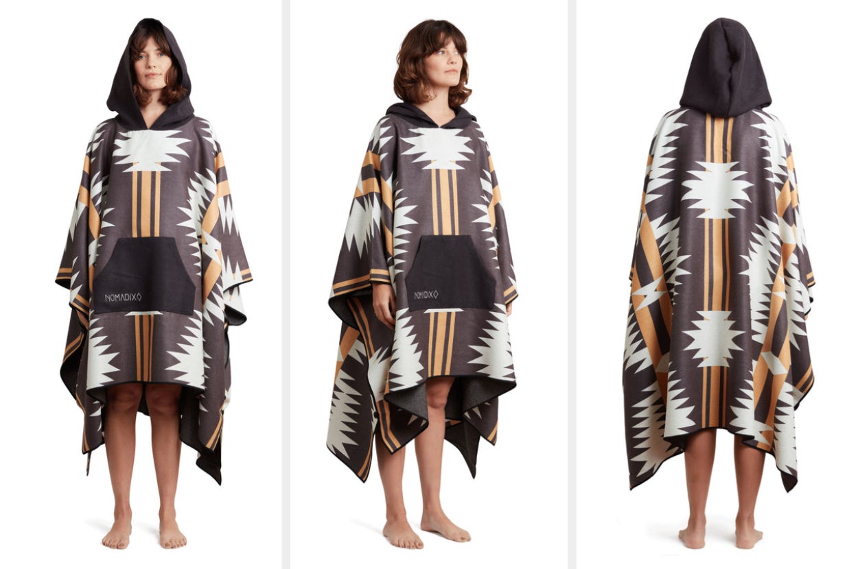 Three images of model wearing the brown towel poncho