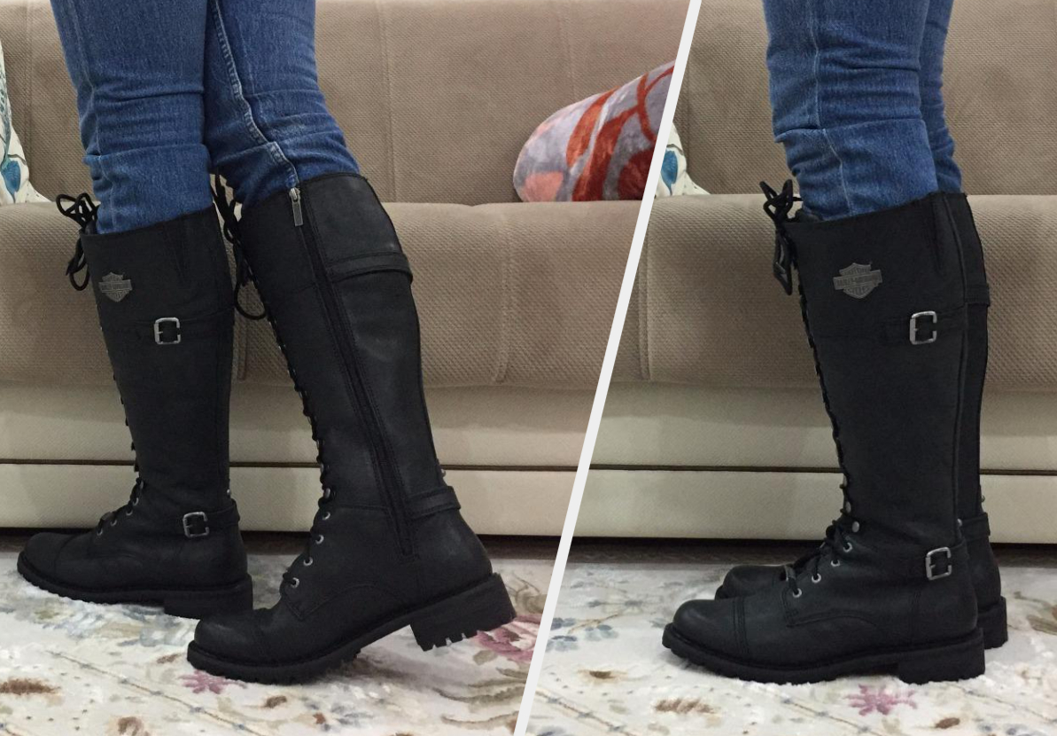Two images of reviewer wearing black boots