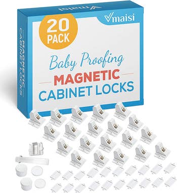 Box of magnetic cabinet locks with locks displayed in front of the box