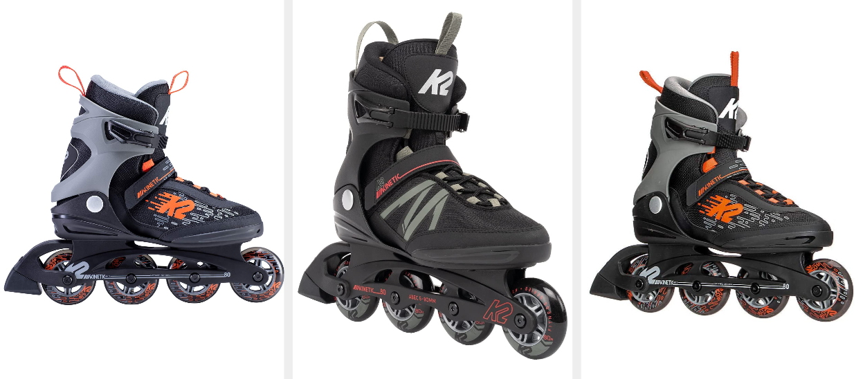 Three images of gray and black K2 skates