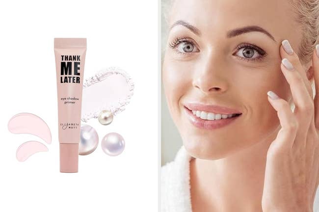 Eye makeup primer by Elizabeth Mott shown with model applying product, highlighting its benefits for a smooth eyeshadow application