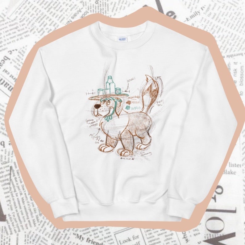 a white sweatshirt with a drawing of nana from peter pan on it