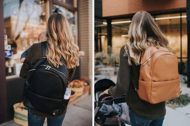 Two images of a model wearing black and brown backpack