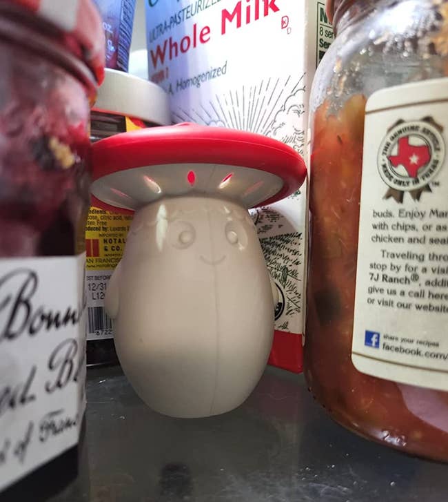 A small mushroom shaped white deodorizer with a red top smiling in a fridge 