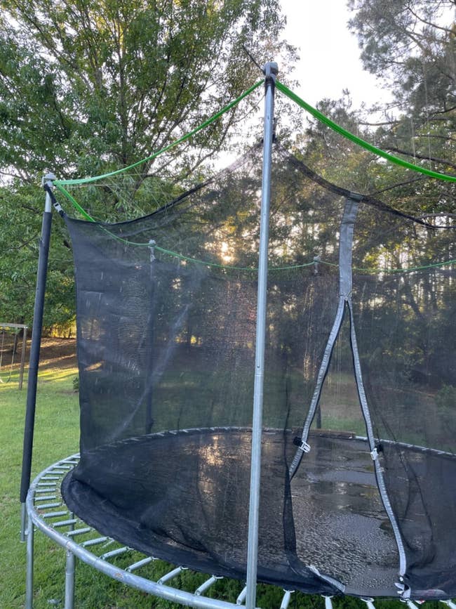 Outdoor trampoline with information   netting successful  a grassy backyard setting, surrounded by trees