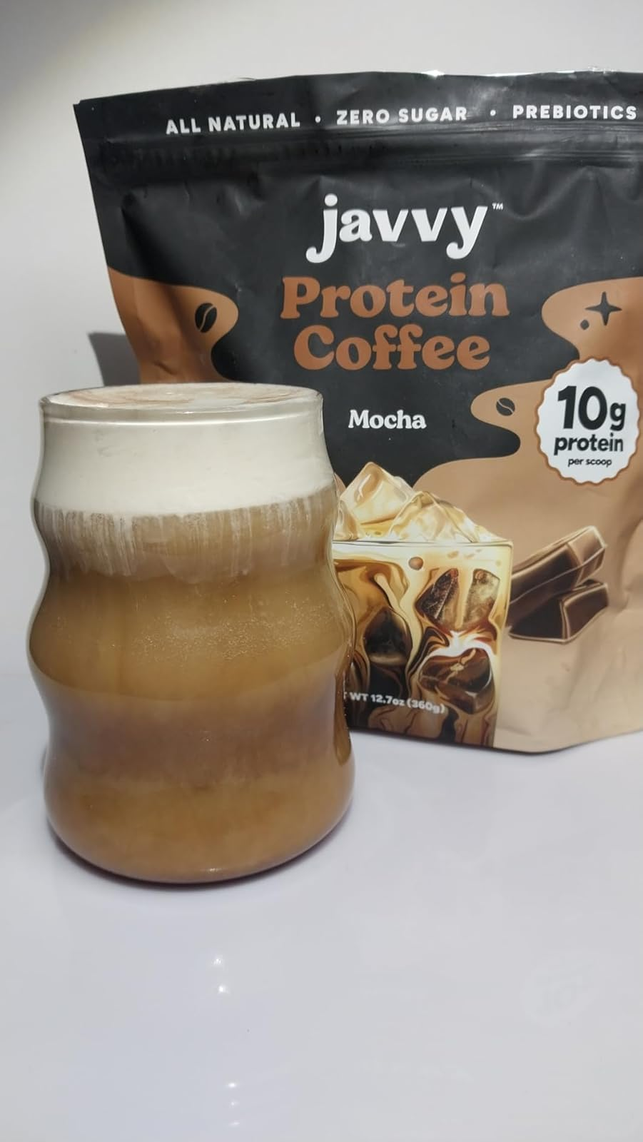 A solid  of frothy mocha macromolecule  java  is successful  beforehand   of a Javvy Protein Coffee bag, promoting 10g protein, zero sugar, and prebiotics
