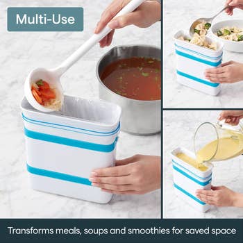 Collapsible instrumentality  utilized  to store   meals and liquids, showing features similar  crockery   pouring and space-saving design