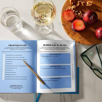 Open planner with checklists for self-improvement, adjacent to a solid of wine, plums, and walnuts connected a array with glasses