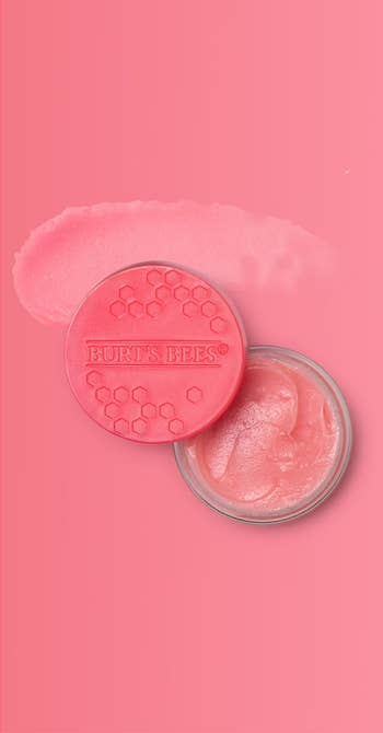 tub of Burt's Bees overnight articulator treatment, unfastened and showing a creamy pinkish articulator disguise inside