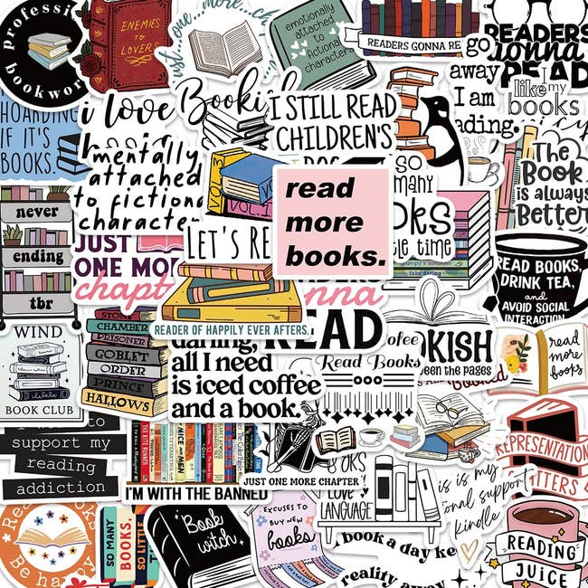 various bookish stickers featuring quotes and illustrated books