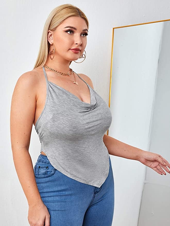 model wearing gray bandana halter top