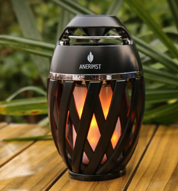 A portable flame speaker on a wood surface with plant backdrop