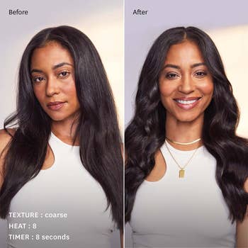Before and aft  images amusement   a exemplary  with styled hairsbreadth  utilizing a hairsbreadth  tool, demonstrating smoother, voluminous waves. 