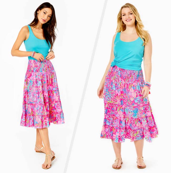 Two images of models wearing pink midi skirts