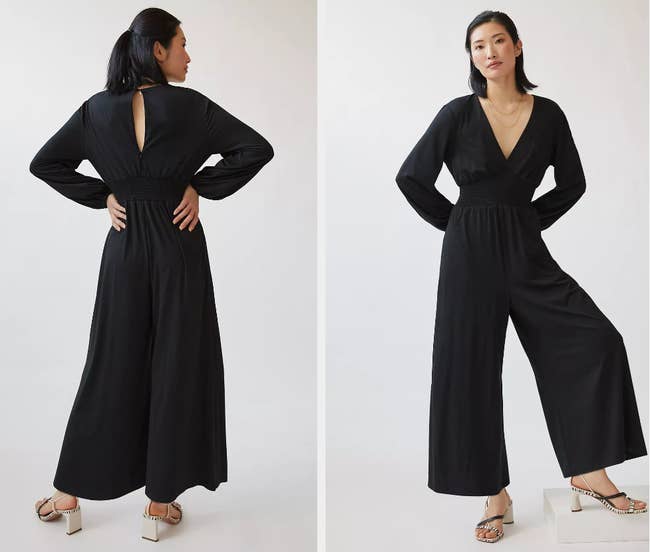 Two images of a model wearing a black jumpsuit