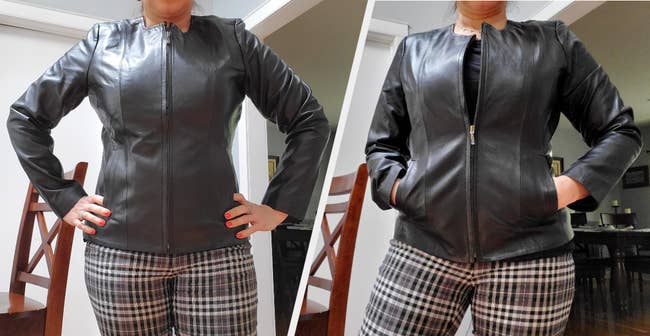 Two images of reviewer wearing black leather jacket