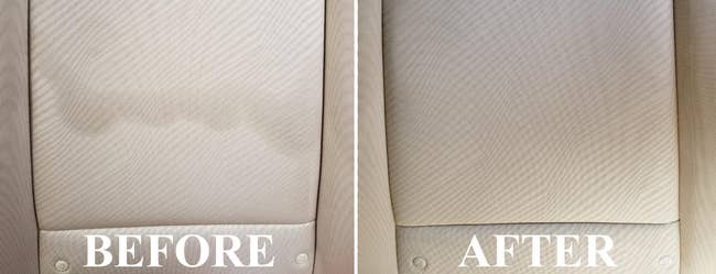 before photo of a light beige car seat with a stain on it and an after photo of the same seat and the stain is gone