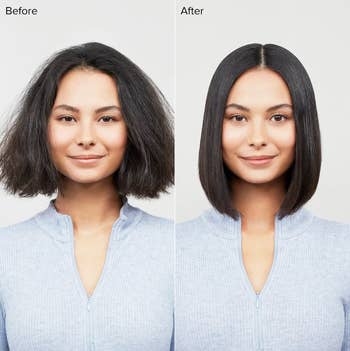Model before and after photo of hair when using product