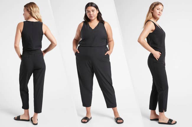Three images of models wearing black jumpsuits