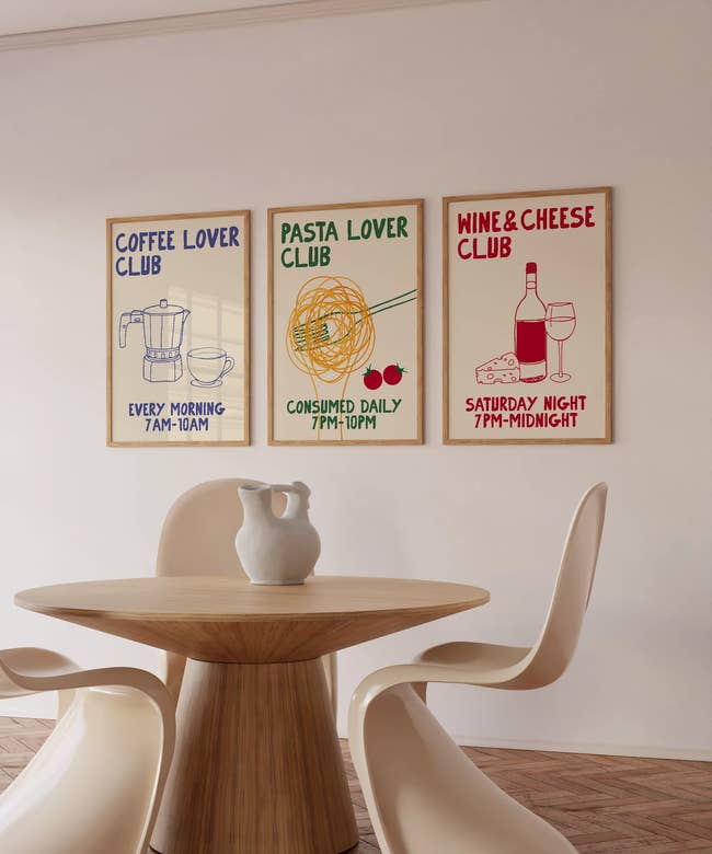 Three framed posters advertise clubs: Coffee Lover Club (7-10AM daily), Pasta Lover Club (daily consumption), and Wine & Cheese Club (Saturday nights 7PM-midnight)