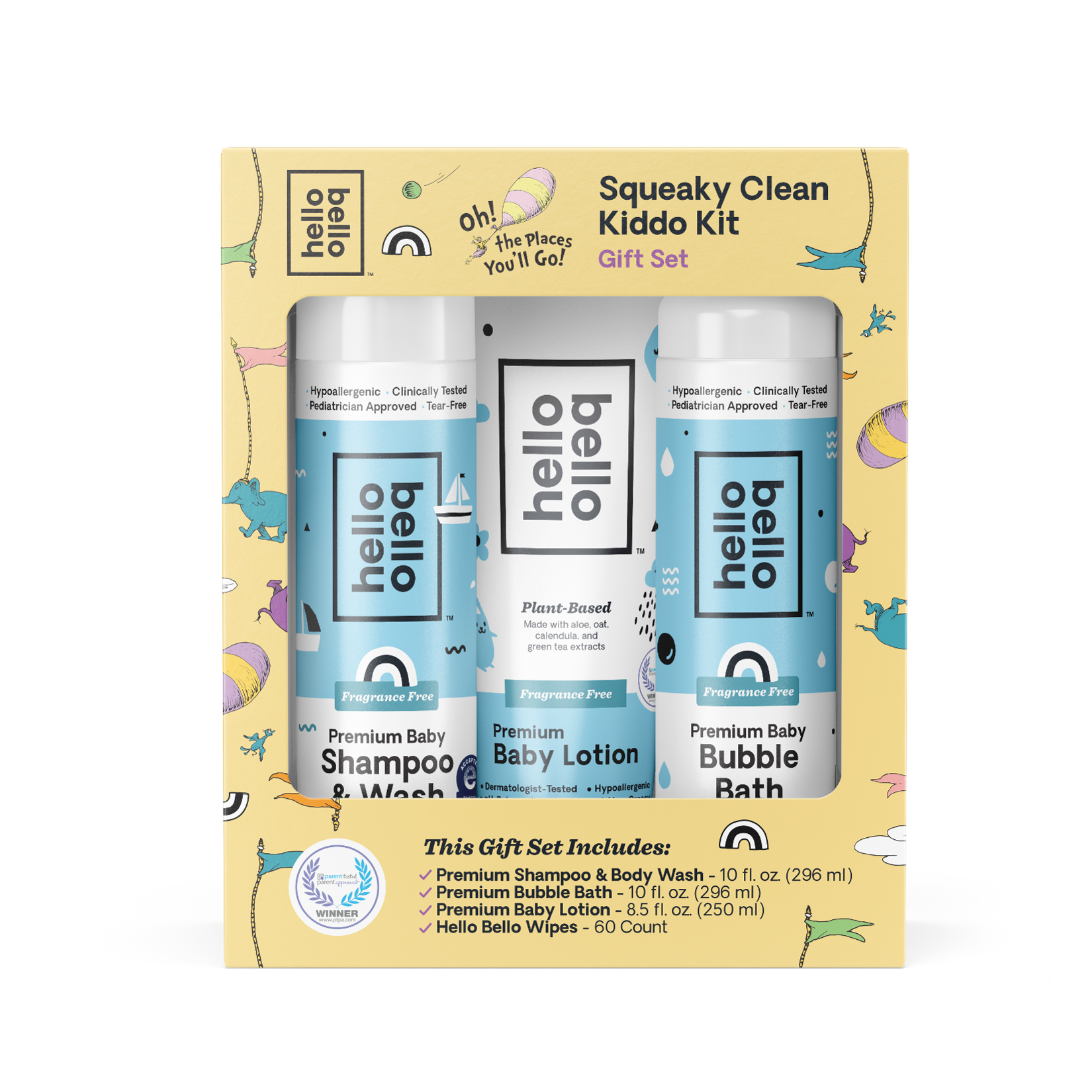 a set of bath necessities including shampoo, bubble bath, lotion, and wipes