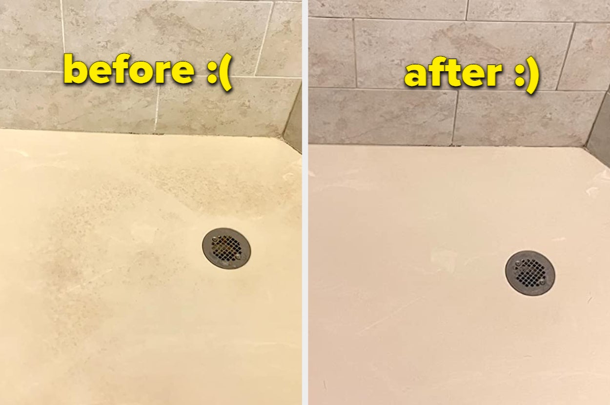 before and after of a reviewer's shower which was grimy and is now sparkling clean