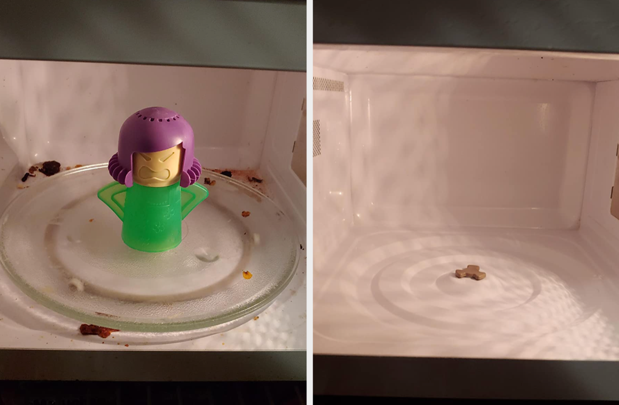 Inside reviewer's microwave with burnt food and stains in the corner. Angry Mama with purple hair and green shit is in the center / same microwave now without stains or food