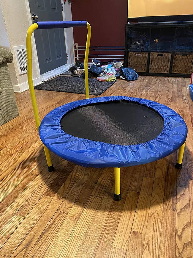 reviewer image of the blue trampoline in a living room