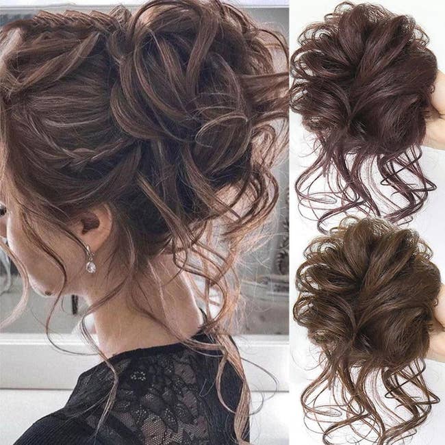 Model with an elegant updo hairstyle; clip-in hair bun extensions shown