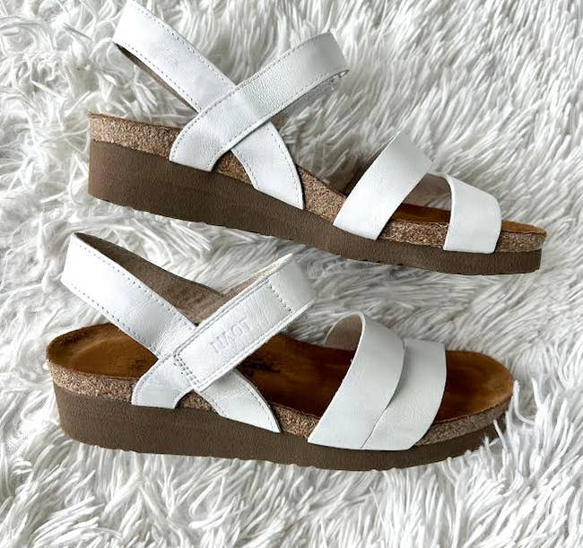 BuzzFeed writer's image of white and brown wedge sandals