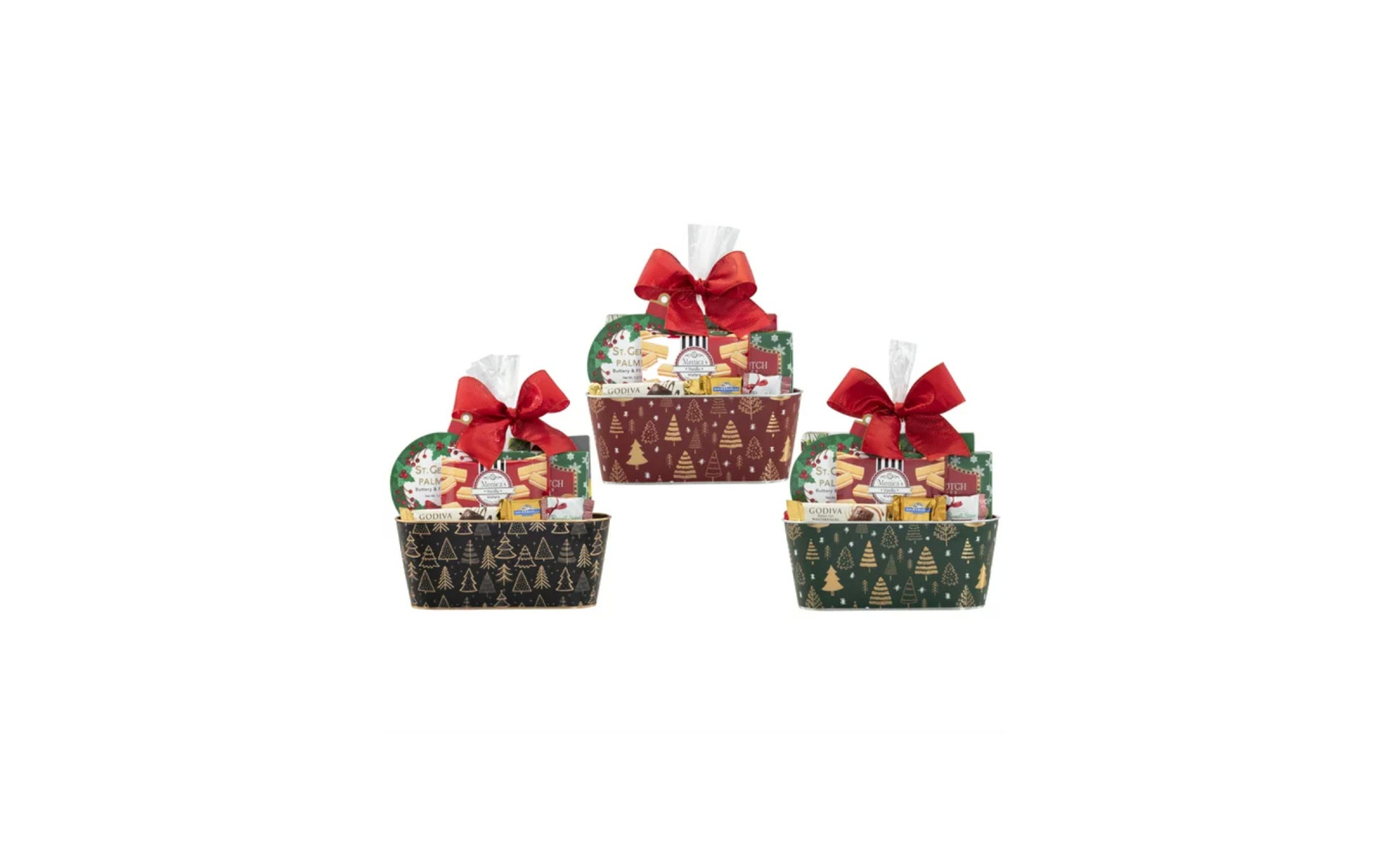 Three baskets filled with holiday treats
